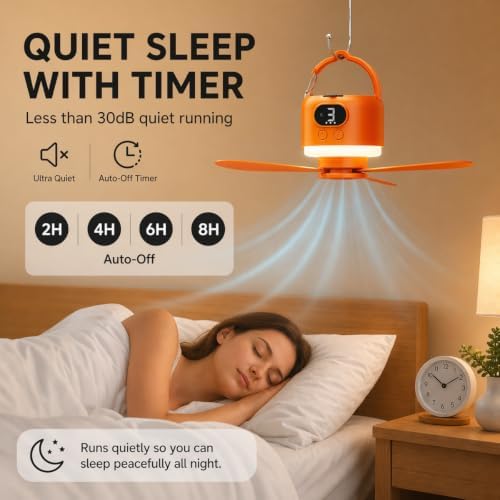 Camping Tent Fan with Light, Rechargeable Hanging Fan with Remote (Orange) - Image 3