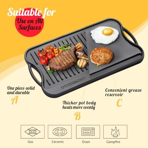 OVERMONT 17" x 9.8" Reversible Cast Iron Griddle, Double Burner Pan - Image 3