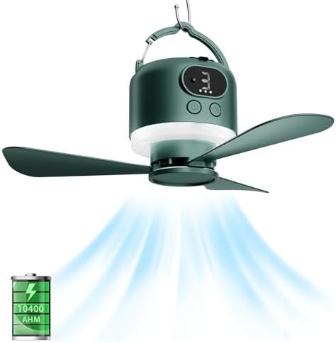 11" Tent Fan with Light & Remote, Camping Ceiling Fan with 10040mAh Rechargeable Battery, Portable Hanging Fan for Tent, RV, Canopy, Outdoor Camping (Green, Centimeters, 28.9) by Geonfi
