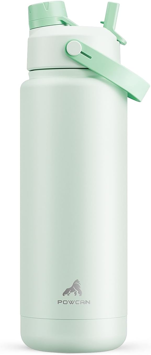 POWCAN 32 oz Insulated Water Bottle with 2-in-1 Straw and Spout Lid, Keep Cold 24H, Leak-Proof, BPA-Free, Double Wall Stainless Steel Water Bottle for Sports, Gym, Travel, and School (Mint) by POWCAN