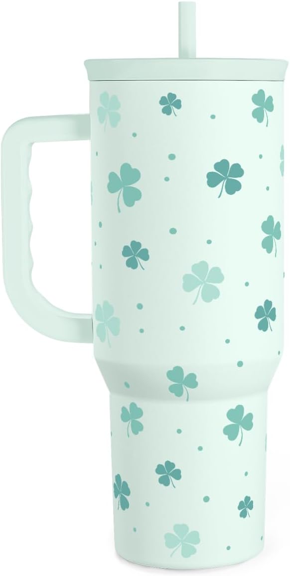 40oz Shamrock Tumbler with Handle and Straw - Insulated Stainless Steel Coffee Travel Mug, Christmas St. Patrick's Day Irish Gifts by SANDJEST