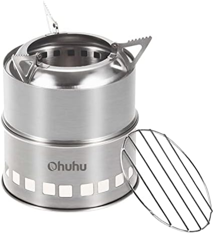 Camping Stove, Ohuhu Camp Stove Wood Burning Stove Stainless Steel Stoves Mini Portable Stove for Camping Picnic BBQ Backpacking Hiking Survival Emergency Cooking Outdoor with Grill Grid Carry Bag by Ohuhu