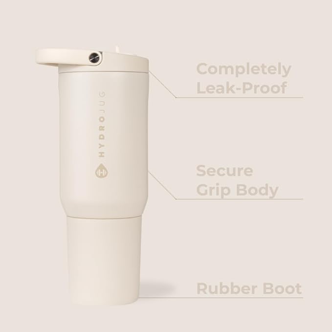 HydroJug Sport - Stainless Steel Tumbler with Straw, Vacuum Insulated, 20oz Leakproof Water Bottle, Ergonomic Design, Reusable, Dishwasher Safe, Rubber Base, Durable for Gym or Outdoors, Cream - Image 2