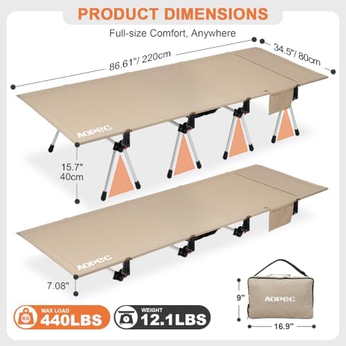 87" Extra Long Camping Cot, Heavy-Duty Aluminum Frame 440lbs, Khaki - Image 2