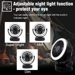 Facon Camping Fan with LED Light - 5000mAh Rechargeable Battery Powered Tent Fans, Hanging Hook & USB Output for Camping, RV, Home, Office, Power Outage, White - Image 3