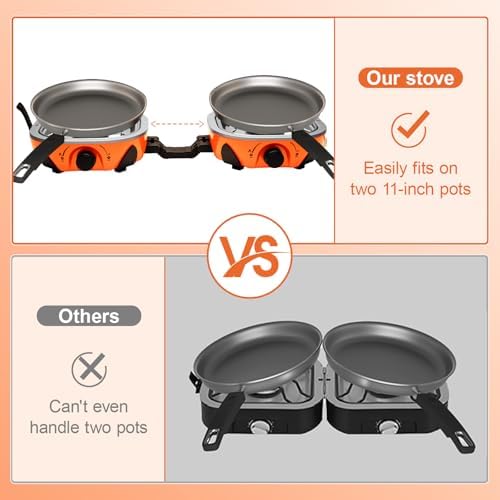 2 Burner Propane Camping Stove with Windshield,20,000 BTUs Folding Portable Camp Stove with Frying Pan,Carrying Bag,Dual Gas Stoves Easy Carrying for Tailgating,Camping,BBQ (Orange, Medium) - Image 4