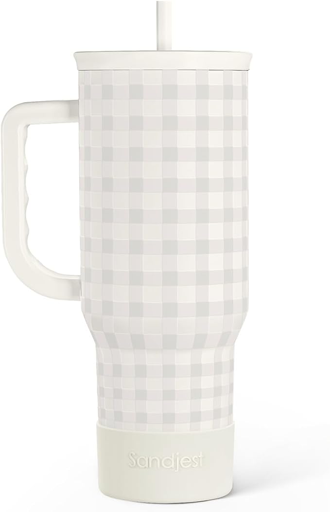 SANDJEST Grey Gingham 40oz Slider Tumbler with Handle and Straw - Insulated Stainless Steel Travel Coffee Mug for Women Girls, Gift for Birthday, Christmas by SANDJEST