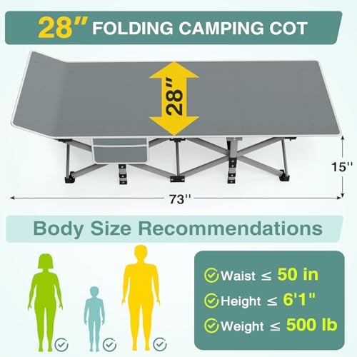 ZENPETIO Camping Cot for Adults - Heavy-Duty Cot Bed with Mattress, Portable Sleeping Cots for Outdoor Indoor, 1200D Oxford Folding Cots for Home Travel, Max Load 500LBS, Fits People up to 6'3", Gray - Image 3