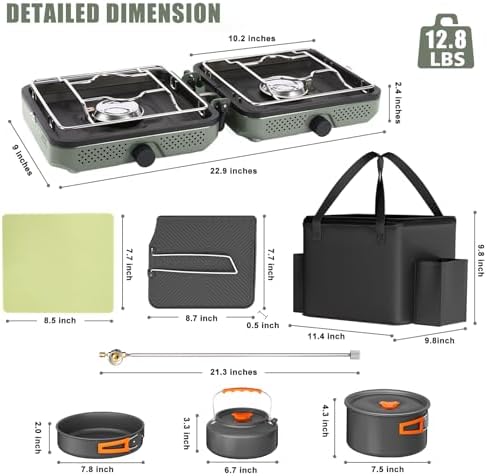 Hisencn Camping Stove 2 Burner Foldable Propane Camping Stove with Cookware - Image 2