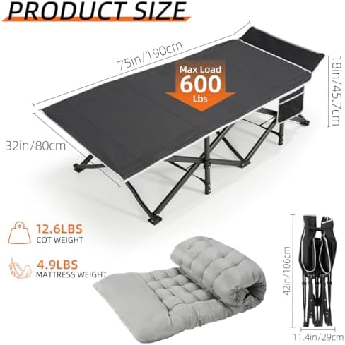 Fragess Portable Camping Cot, 32" Extra Wide Camping Cots for Adults with Thick Mattress, Heavy Duty Sleeping Cot Holds Up to 600LBS, Cots for Sleeping, Rv, Beach, Patio, Office Naps(Grey) - Image 6
