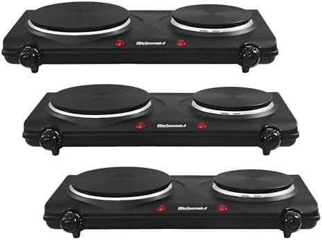 Elite Gourmet EDB-302BF Countertop Double Cast Iron Burner, 1500 Watts Electric Hot Plate, Temperature Controls, Power Indicator Lights, Easy to Clean, Black (Pack of 3) by EliteGourmet