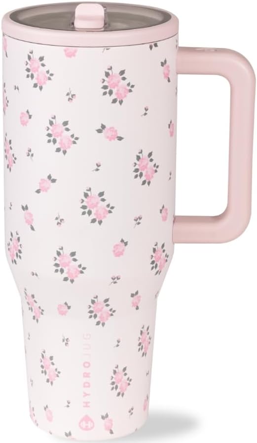 HydroJug Traveler - 32 oz Water Bottle with Handle & Flip Straw - Fits in Cup Holder, Leak Resistant Tumbler-Reusable Insulated Stainless Steel & Rubber Base - Gifts for Women & Men, Wildrose by Hydrojug