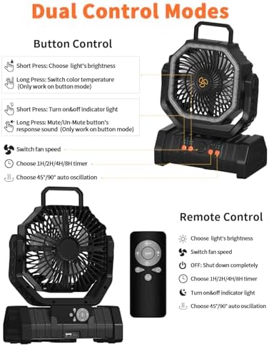 ADUST 20000mAh Battery Operated Camping Fan with Warm&Cold Light - Black - Image 5