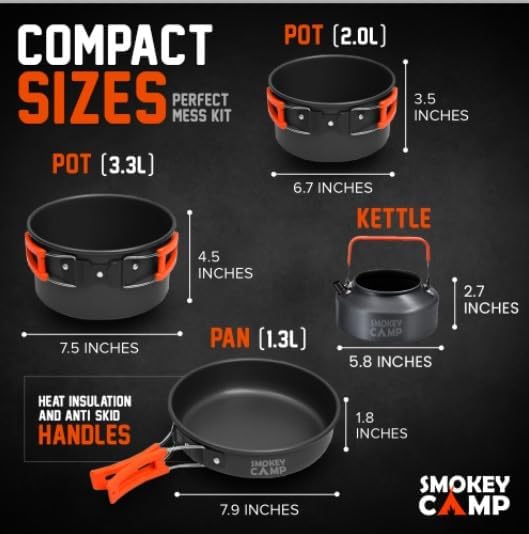 Smokey Camp Camping Cookware Mess Kit Set with Stove - Backpacking Camping Pots and Pans Set, All in One Non-Stick Camping Cooking Set, Portable Stove, Hiking, Picnic, Outdoor & Camping Cookware Set - Image 3