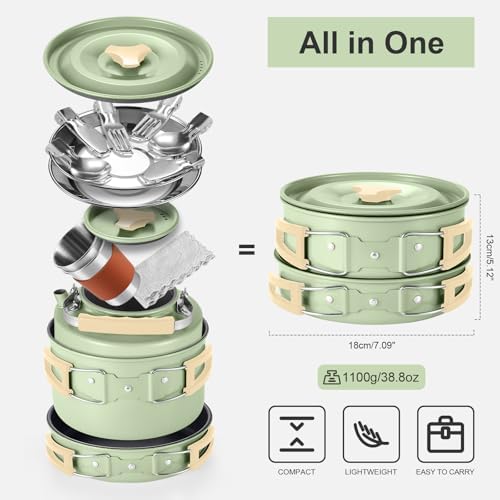 Odoland 15pcs Camping Cookware Mess Kit, Lightweight Pot Pan Kettle Set - Image 3