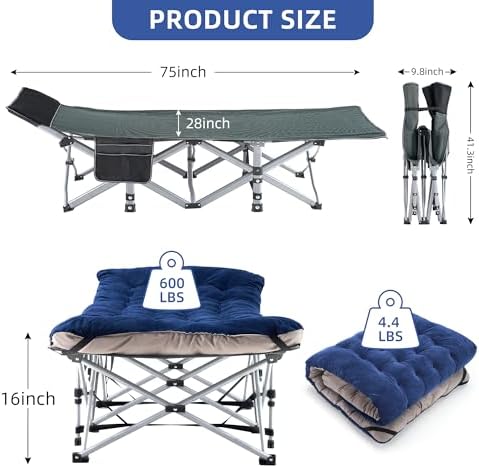 Fragess Camping Cot, Sleeping Cots, Portable Camping cots with Cushion, Pillow and Carry Bag, 1200D Double Layer Oxford, 600 LBS Weight Capacity Cots for Sleeping (Blue) - Image 5