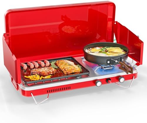 ROVSUN 2-in-1 Portable Camping Stove & Propane Grill with Enamel Griddle & Piezo Igniter, Tabletop Camp Stove with Built-in Handle, Wind Panel & Adapter for Outdoor Camping, Tailgating, Grilling by ROVSUN