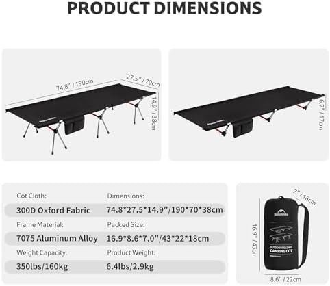 Naturehike ArmyWild Folding Camping Cot, Height Adjustable Ultralight Backpacking Cot, Portable Camping Bed for Camping Hiking Travel Home - Image 2
