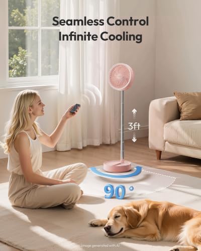 Gaiatop Portable Pedestal Fan 16000mAh Battery [Max 74h Runtime], Foldable Oscillating Standing Fan, Collapsible Desk Fans, LED Light, Case & Remote Control, 4 Speeds for Outdoor Travel Camping (Pink) - Image 5