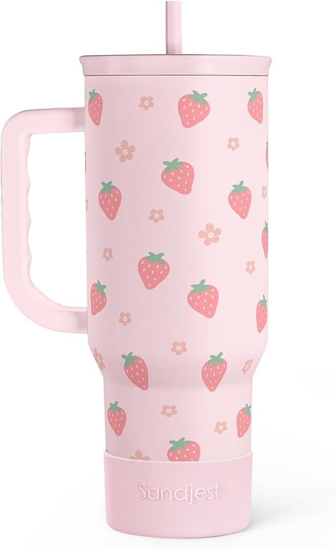 SANDJEST Strawberry Tumbler with Handle 40oz – Insulated Stainless Steel Travel Coffee Mug Cup for Girls Women, Gift for Christmas, Birthday by SANDJEST