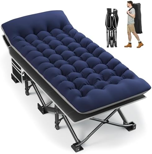 Fragess Portable Camping Cot, 32" Extra Wide Camping Cots for Everyone with Thick Cushion, Heavy Duty Sleeping Cot Holds Up to 600LBS, Cots for Sleeping, Rv, Beach, Patio, Office Naps(Blue) by Fragess