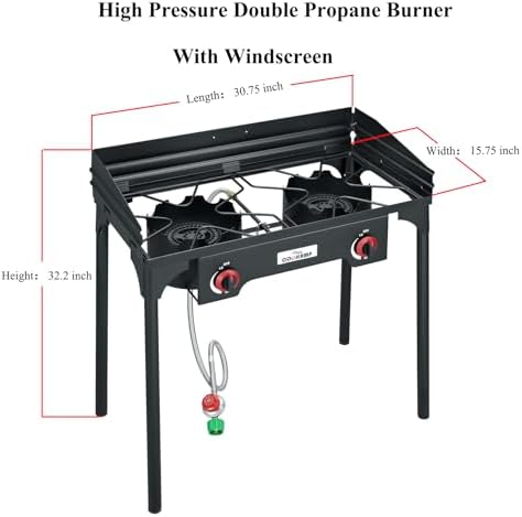 COOKAMP High Pressure Double Propane Burner With Windscreen Outdoor Camping Stove with 0-20 PSI Adjustable Regulator and Steel Braided Hose SA2510 (Two Burner Stove With Windscreen) - Image 2