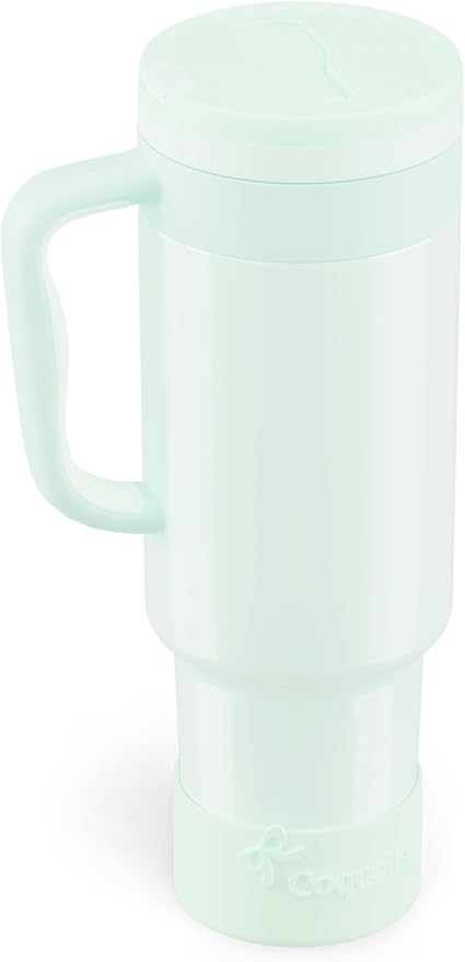 40 oz Insulated Tumbler with Handle and Push-Button Straw Lid, Stainless Steel Travel Cup for Gym Office, Leakproof, BPA-Free, Cup Holder Friendly, Bow Silicone Boot, Green (Morning Mist) by Coquella