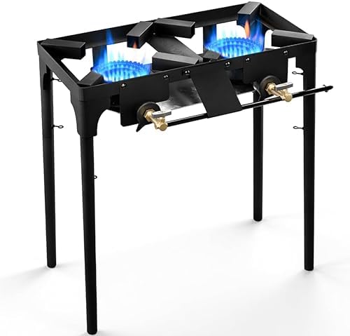 GasOne Double Propane Burner with Adjustable Height 4-Tier Removable Legs for Outdoor Cooking – High Pressure Camping Accessories Camp Stove – Cast Iron Portable Stove Top - Patent Pending by GASONE