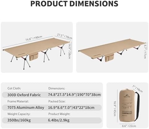 Naturehike ArmyWild Folding Camping Cot, Height Adjustable Ultralight Backpacking Cot, Portable Camping Bed for Camping Hiking Travel Home - Image 2