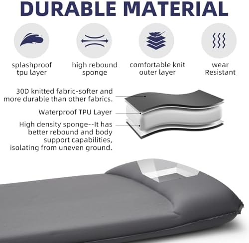 INVOKER Camping Sleeping Pad, Self-Inflating, 75 x 24 x 3.15 in, Grey - Image 3