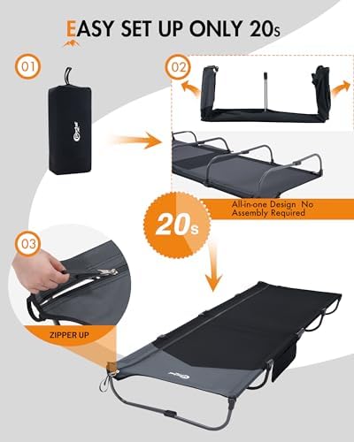 Portal 20-Second Setup Camping Cot, Ultra-Light 7.1 lbs Integrated Travel Foldable Camp Bed with Zipper Tensioning,Tent Friendly Sleeping Cot with Side Pocket, Supports 225 lbs - Image 3