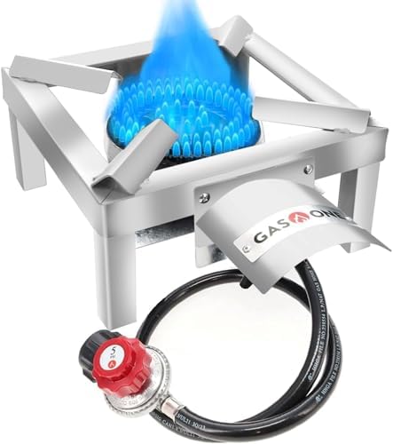 GasOne Stainless Steel Single Propane Burner - Outdoor Cooking with Heat Shield and Guard – Propane Burner Head for Camping, Tailgating, Seafood Boil, Home Brewing - Patented by GasOne