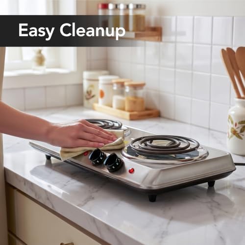 OVENTE Electric Double Burner, 1700W Coil Hot Plate, Silver BGC102S - Image 4