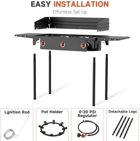 3 Burner Propane Burner, 225,000 BTU High Pressure Propane Stove with Windscreen ＆ Side Shelves, Outdoor Propane Gas Stove with 0-20 PSI Regulator for Camping, Backyard, Outdoor Cooking - Image 4