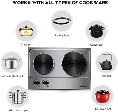CUSIMAX 1800W Double Hot Plate, Stainless Steel Silver Countertop Burner Portable Electric Double Burners Electric Cast Iron Hot Plates Cooktop, Easy to Clean, Upgraded Version C180N - Image 2