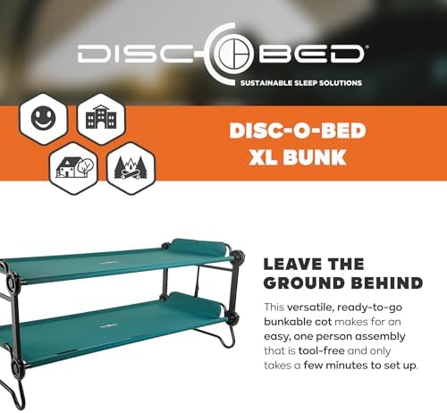 Disc-O-Bed Extra Large Portable Bunk Camping Cots with Carry Bags - Heavy-Duty Indoor or Outdoor Sleeping System, Converts to Bench or Separate Beds, 500 lb Weight Capacity Per Cot, Green - Image 2