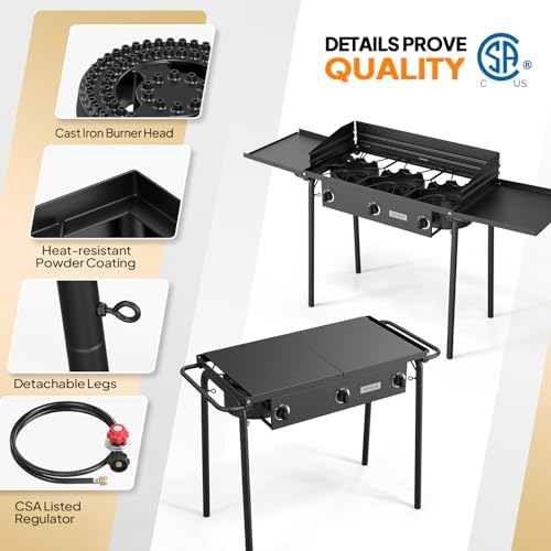 ROVSUN 3 Burner Gas Stove with 2 Side Shelves, 225,000BTU Portable Propane Stove with Removable Leg, Wind Panel, Regulator for Camping Home Backyard Outdoor Cooking Brewing Canning Turkey Frying - Image 2