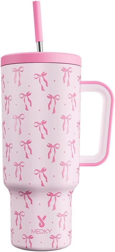 Meoky 40 oz Tumbler with Handle and Straw: Stainless Steel Insulated Tumbler with Lid and Straw - 100% Leak Proof Tumbler for Car Cup Holders - Travelers Commuters Workers, Bow by MEOKY