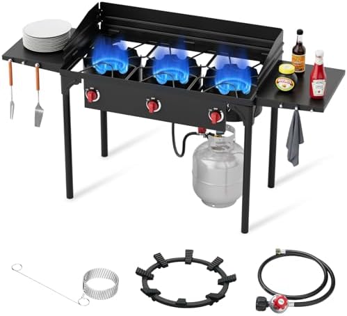 3 Burner Propane Burner, 225,000 BTU High Pressure Propane Stove with Windscreen ＆ Side Shelves, Outdoor Propane Gas Stove with 0-20 PSI Regulator for Camping, Backyard, Outdoor Cooking by ADREAK