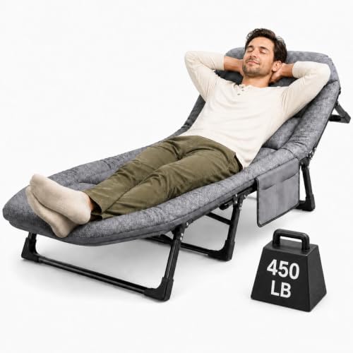 DXZ Folding Camping Cot for Adults, 6-Position Adjustable Reclining Cot with Mattress and Pillow, Heavy Duty Portable Sleeping Bed with Side Pocket for Camping, Patio, Office Nap and Home Rest, Grey by Unknown