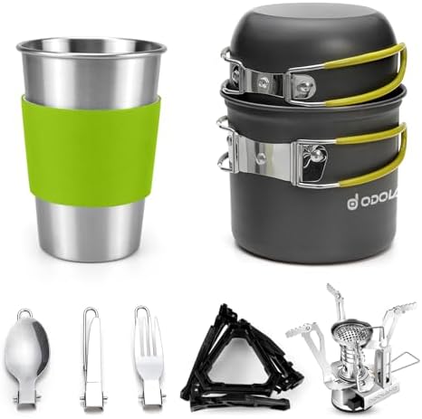 Odoland Camping Cookware Stove Set with 1.2L/0.6L Pots and Protable Stove by Odoland
