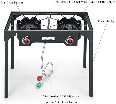 COOKAMP High Pressure Double Propane Burner Outdoor Camping Stove with 0-20 PSI Adjustable Regulator and Steel Braided Hose (Two Burner Stove) - Image 3