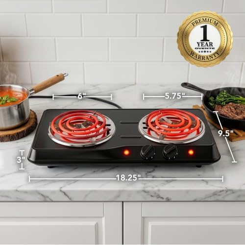 OVENTE Electric Double Burner, 1700W Coil Hot Plate, Black BGC102B - Image 6
