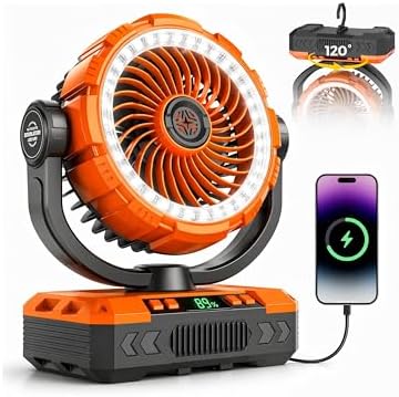 9-Inch Rechargeable Camping Fan 【Auto-Oscillating, Max 60H】20000mAh Portable Battery Powered Operated Fan,Light,Timer,Hook,Outdoor Tent Fans for Patios,Beach,Fishing,Emergency,Camping Gear Essentials by Ausic