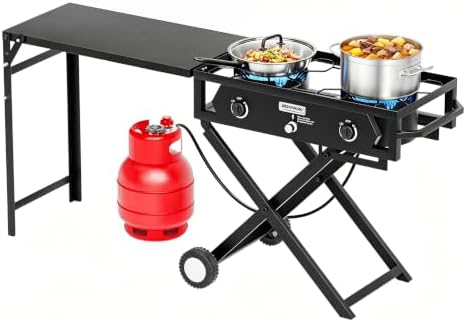 ROVSUN 2 Burner Outdoor Camping Stove with Side Table, Portable Propane Burner, Gas Cooker with Foldable Leg & CSA Regulator for Home Camp Paito Cooking Frying Canning by ROVSUN