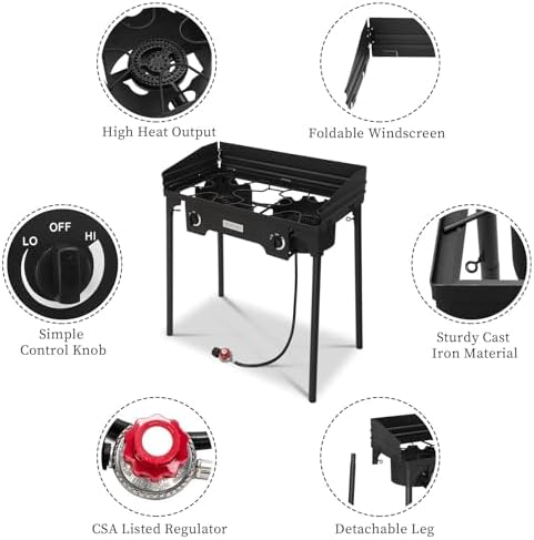 ROVSUN 2 Burner Outdoor Propane Gas Stove with Windpanel, Carrying Bag & Regulator, 150,000 BTU Stand Cooker for Backyard Cooking Camping Home Brewing Canning Turkey Frying - Image 2