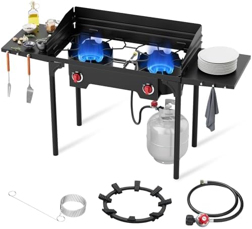 High Pressure Propane Stove, 2 Burner Outdoor Propane Burner with Windscreen ＆ Side Shelves, 150,000 BTU Gas Stove with 0-20 PSI Regulator for Camping, Backyard, Picnic, Outdoor Cooking by ADREAK