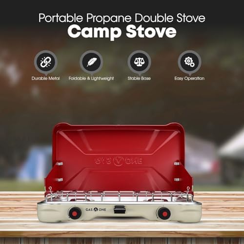 GasOne Portable Camping Stove – Double Propane Stove with Auto Twist Turn Ignition – 22,000 BTU Camping Cooktop with 2 Burners and Wind Guard – Ideal for Tailgating, Fishing, Travel, Red - Image 2