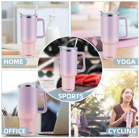 40 oz Tumbler with Handle and Straw, 100% Leak Proof Tumblers Cup, Stainless Steel Insulated Travel Coffee Mug, Keeps Drinks Cold for 24 Hours or Hot for 10 Hrs, Fit for Car Cup Holder, PurplePink - Image 8