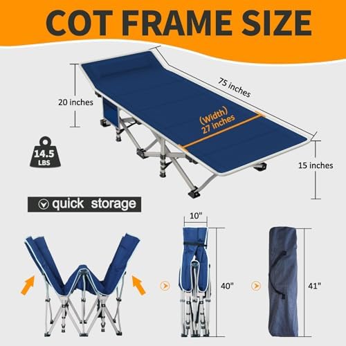 27" Camping Cot with Mattress, 450LBS Camping cots for Adults - Image 3